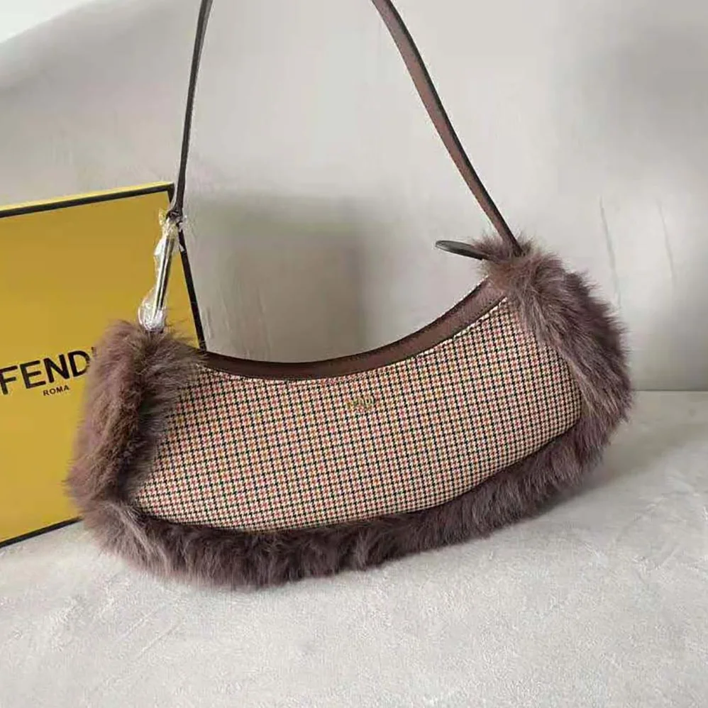 Fendi O'Lock Swing Brown Houndstooth Wool and Fox Fur Pouch for Women Fendi O'Lock Swing Brown Houndstooth Wool and Fox Fur Pouch for Women