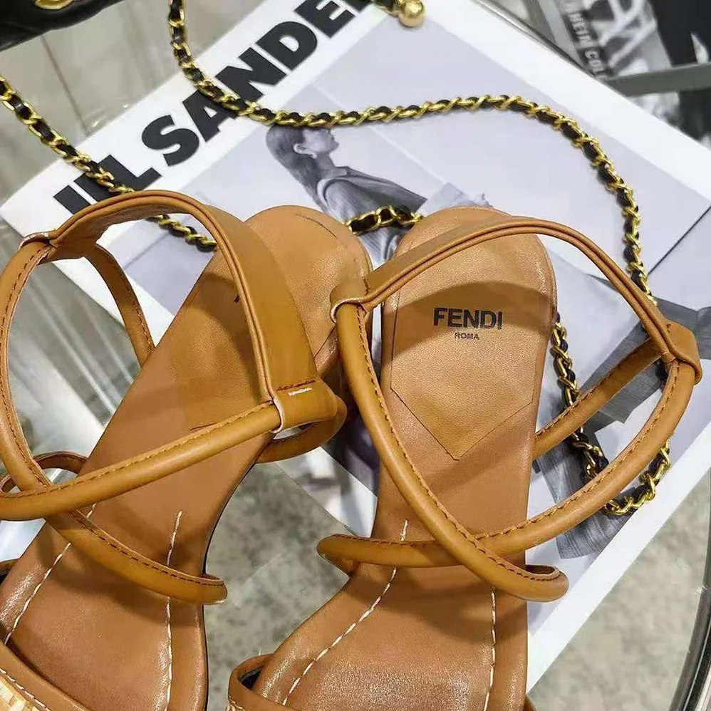 Fendi FF Interlace Brown Leather Sandals for Women