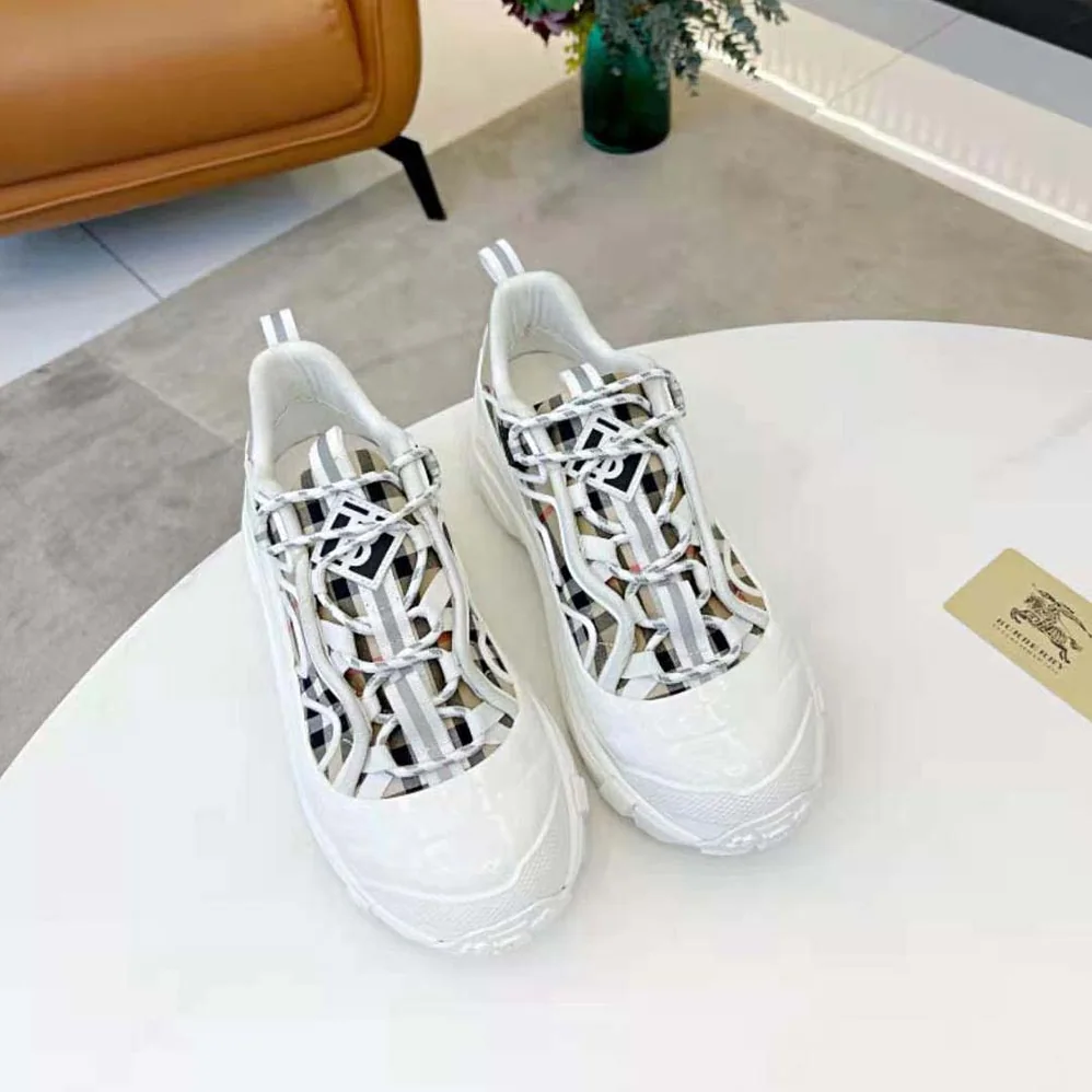 Burberry Vintage Check Cotton and Leather Arthur Sneakers for Women in White Burberry Vintage Check Cotton and Leather Arthur Sneakers for Women in White