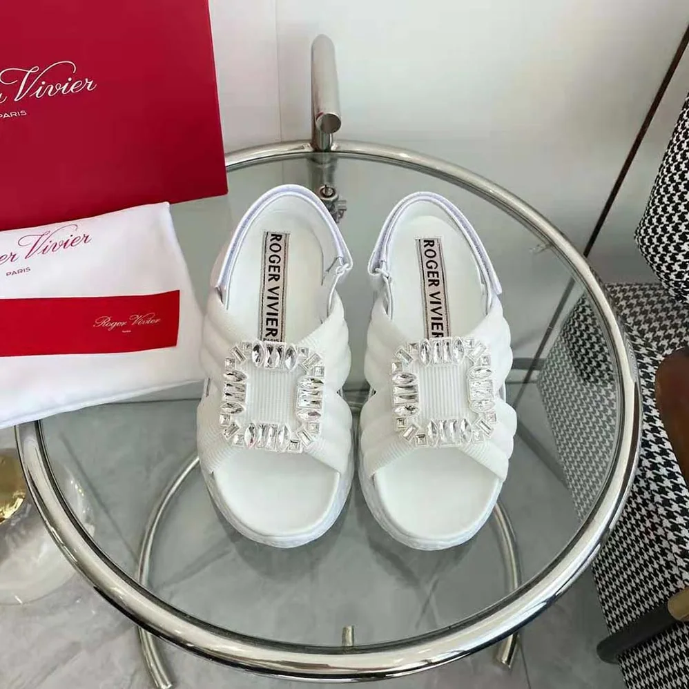 Roger Vivier Viv' Run Light Strass Buckle Sandals in Fabric for Women in White
