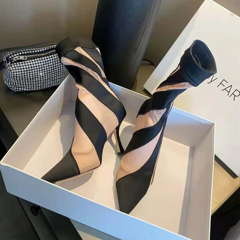 Jimmy Choo Mugler Sock Ankle Boot Black and Nude Sheer Spiral Stretch Fabric for Women