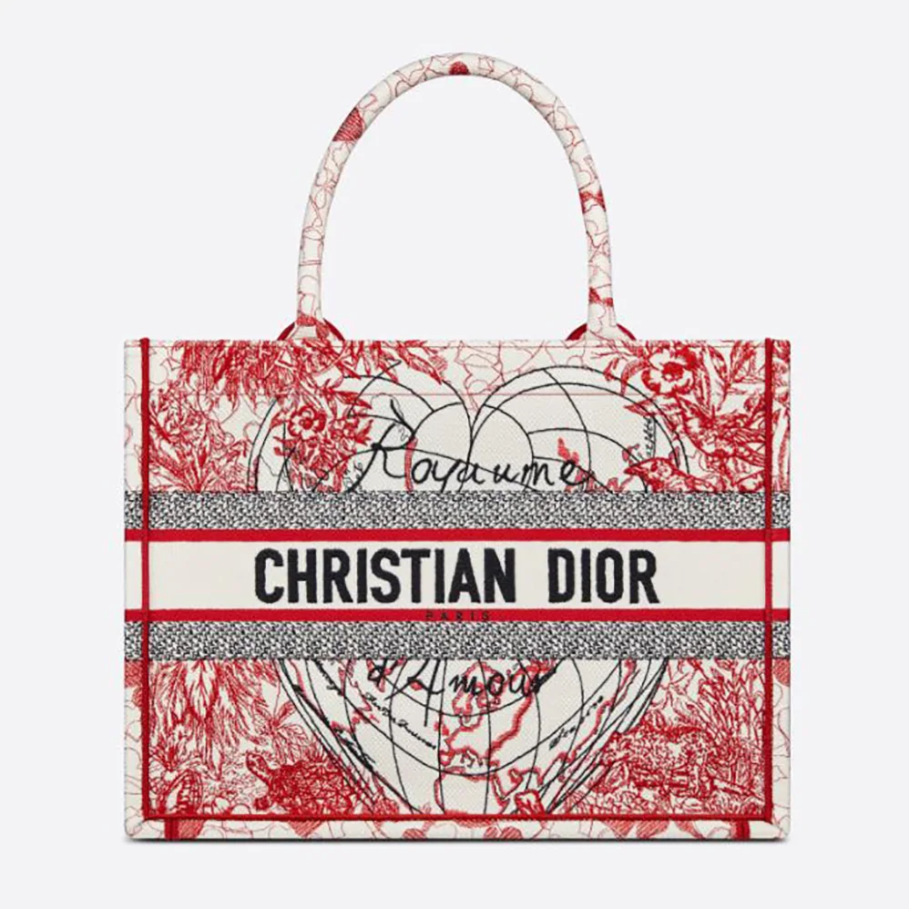 Dior Small Dior Book Tote Red and White D for Women in Royaume D Amour Embroidery