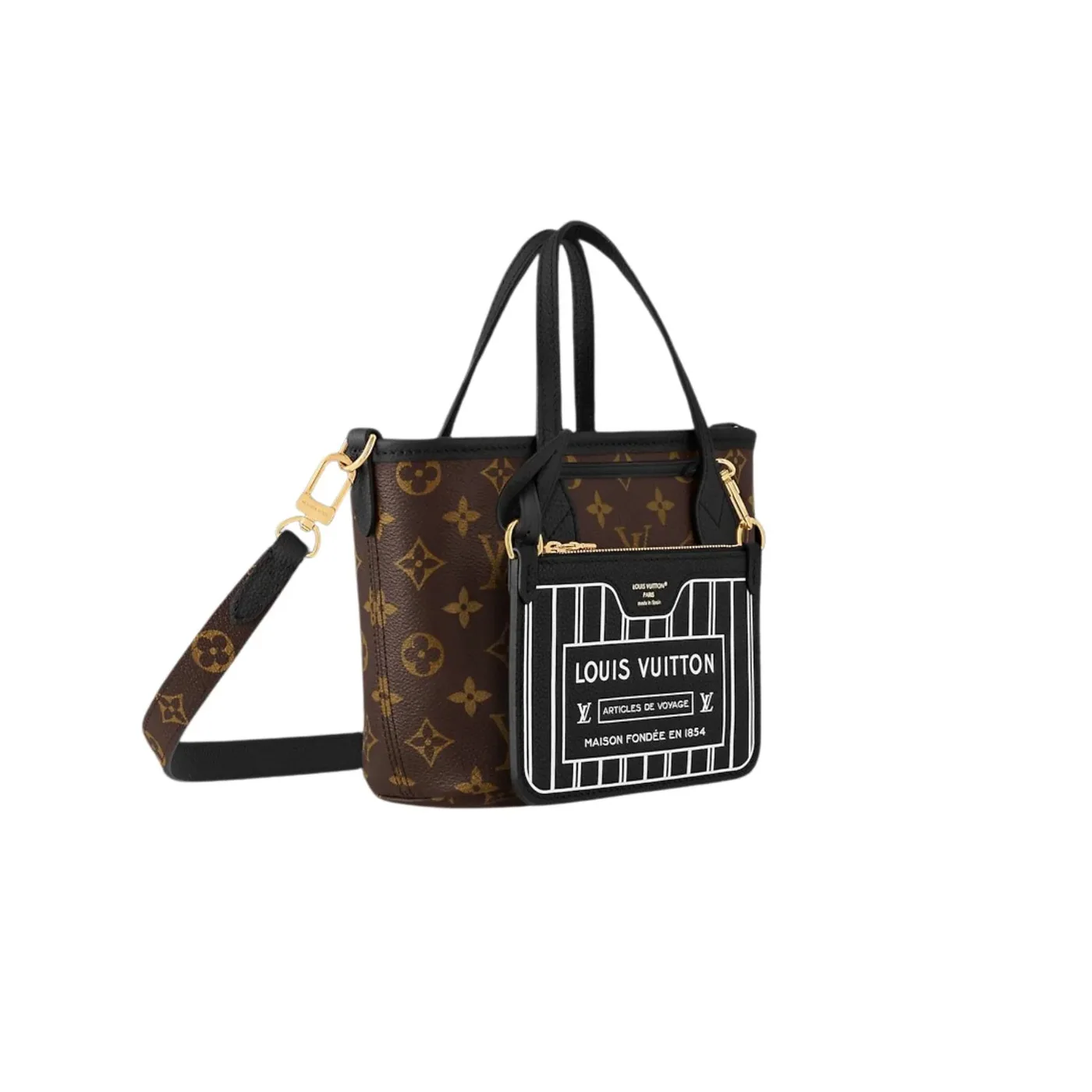 Louis Vuitton Neverfull Bandouliere Inside Out BB Tote Bag in Black Gold Hardware