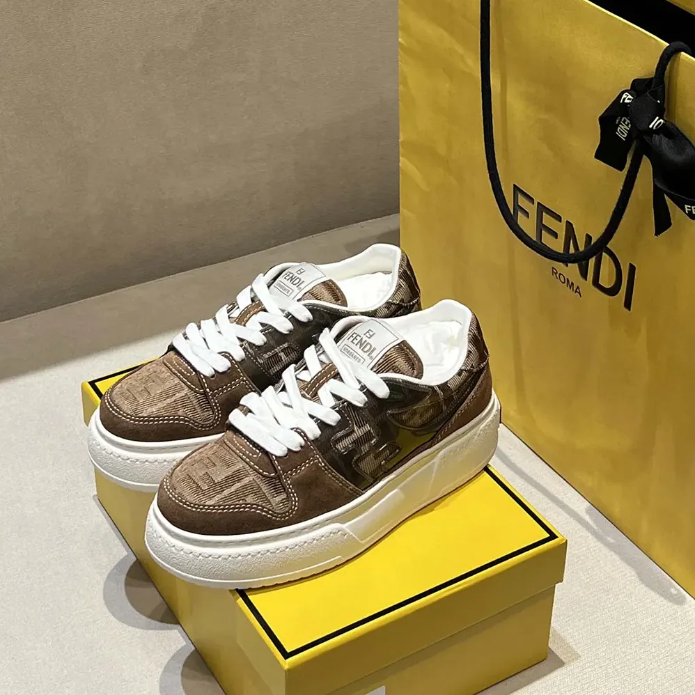 Fendi Match Brown Denim-effect FF Jacquard and Suede Platform Low Tops for Women Fendi Match Brown Denim-effect FF Jacquard and Suede Platform Low Tops for Women