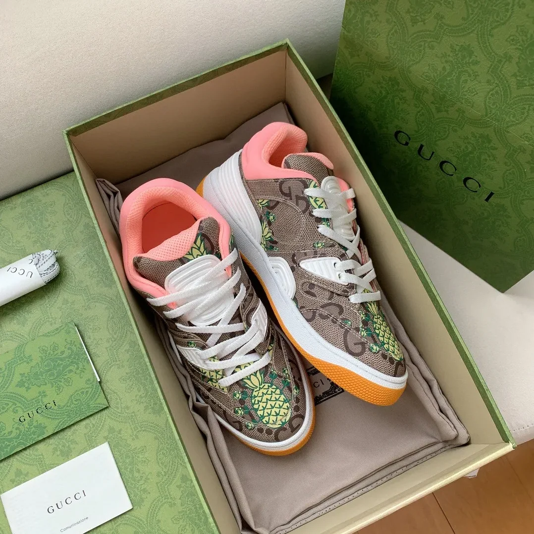 Gucci Basket Sneaker Print Pineapple Brown Pink for Women Gucci Basket Sneaker Print Pineapple Brown Pink for Women