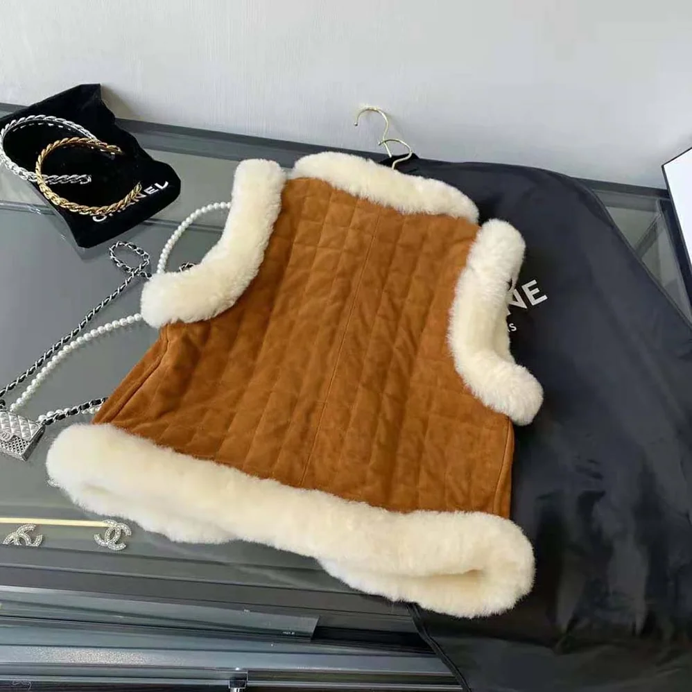Celine Quilted Vest in Split Leather for Women in Brown