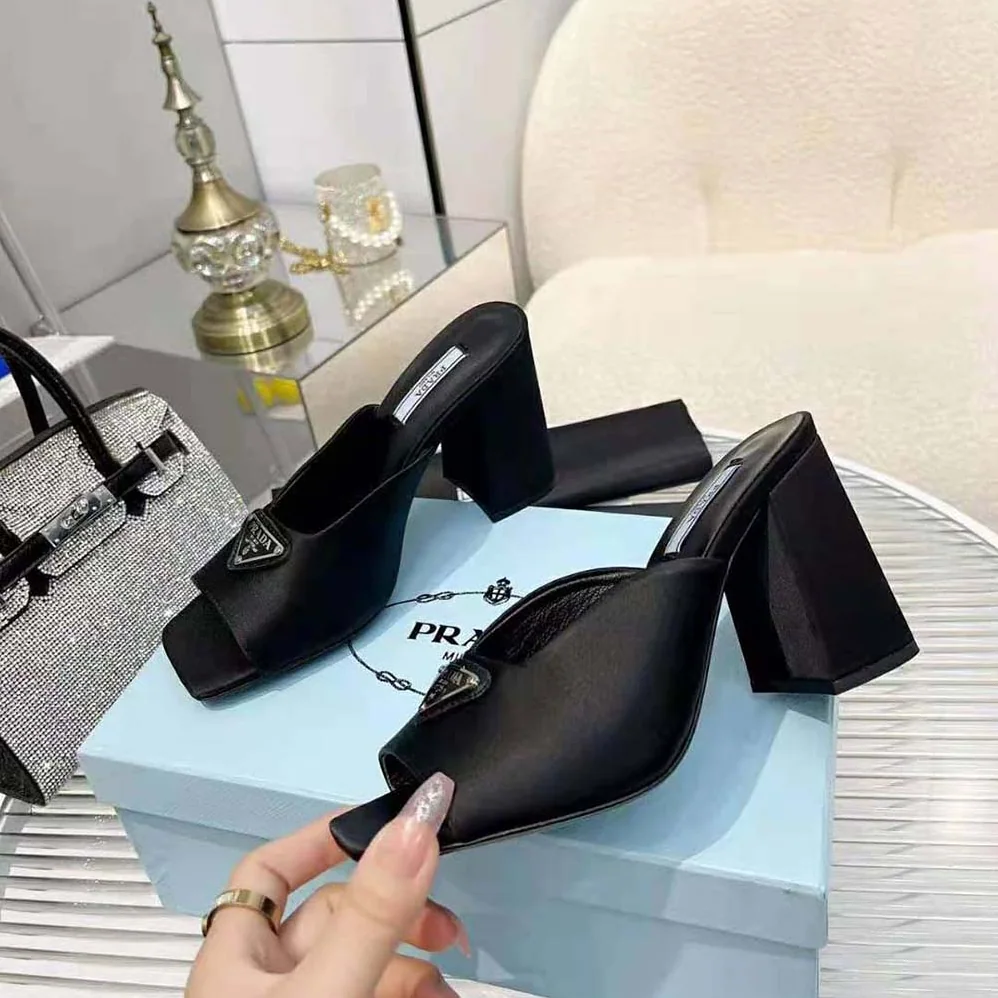 Prada High-Heeled Satin Slides for Women in Black Prada High-Heeled Satin Slides for Women in Black