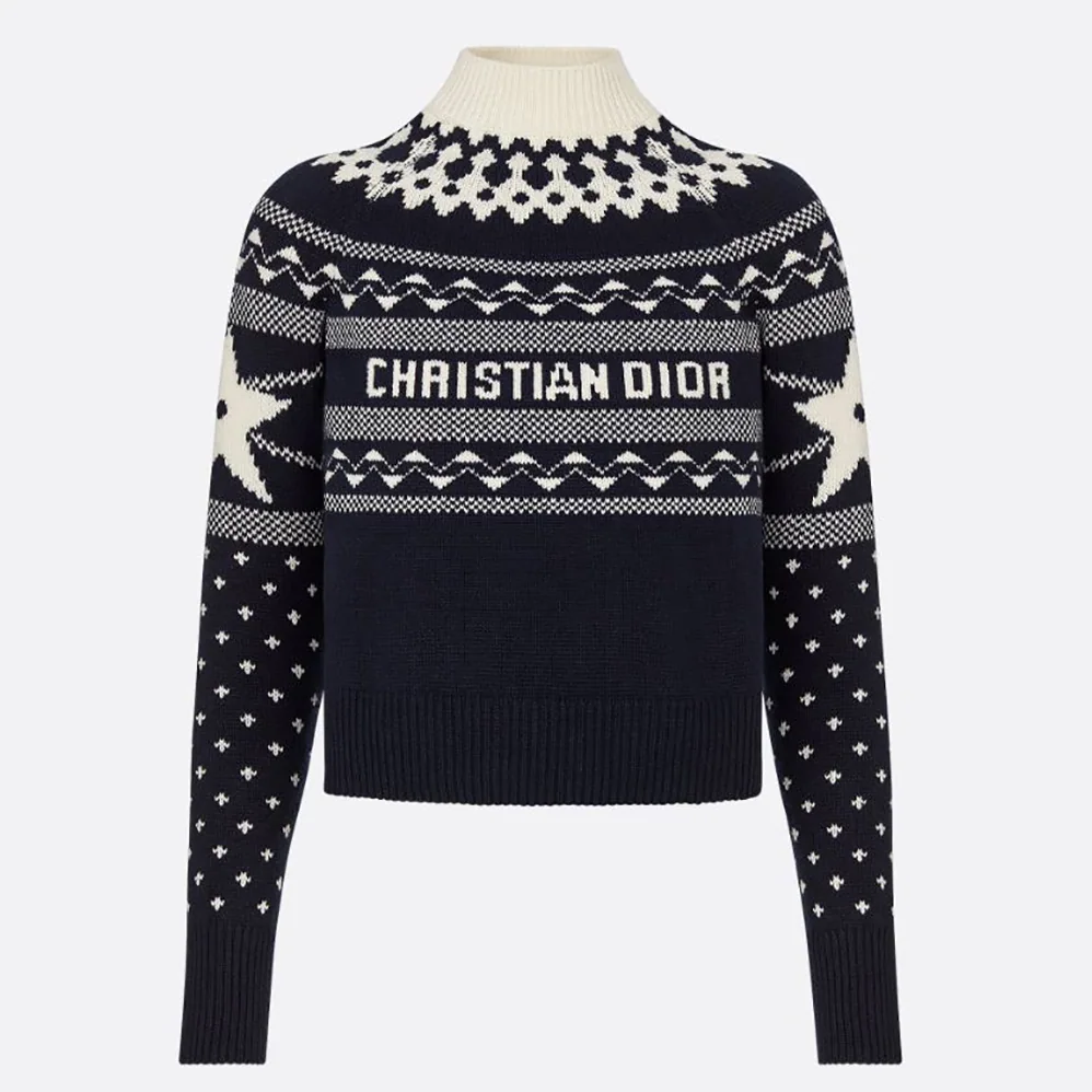 Dior Dioralps Stand Collar Sweater Navy Blue and White Wool and Cashmere Knit for Women Dior Dioralps Stand Collar Sweater Navy Blue and White Wool and Cashmere Knit for Women