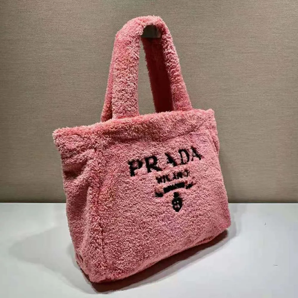 Prada Enameled Metal Triangle Logo Terry Tote Bag for Women in Pink Prada Enameled Metal Triangle Logo Terry Tote Bag for Women in Pink