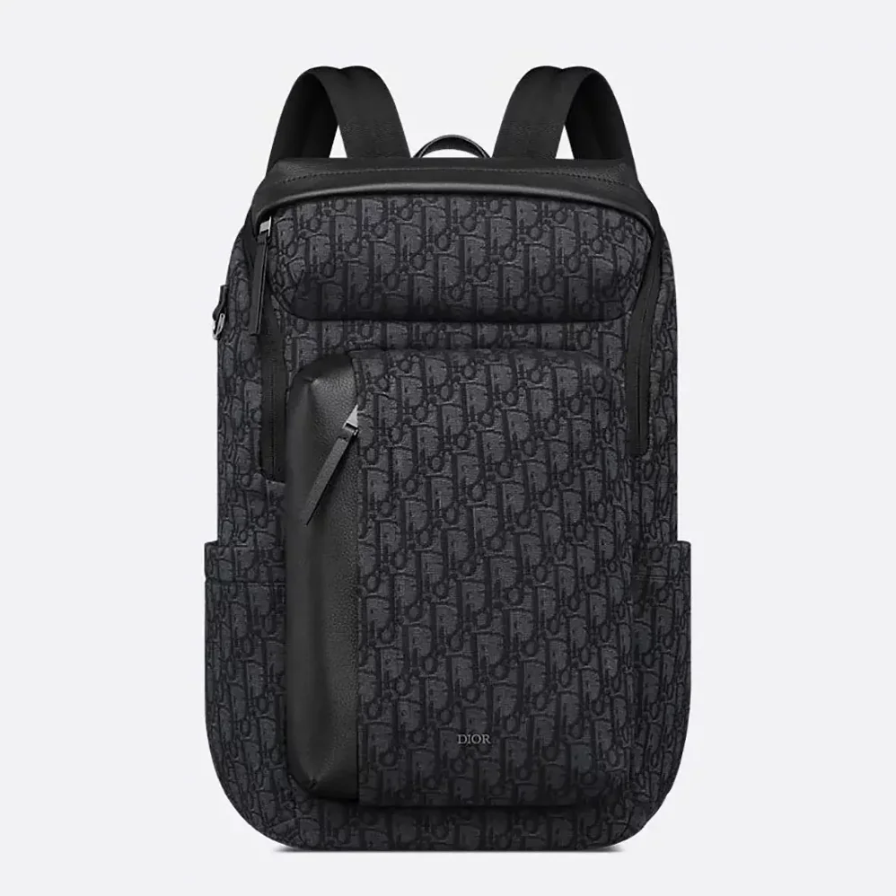 Dior Rider Soft Zipped Backpack Black Dior Oblique Jacquard and Black Grained Calfskin for Men