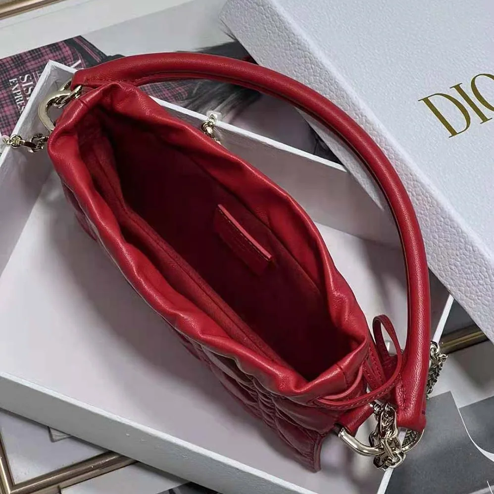 Dior Lady Dior Top Handle Drawstring Mini Bag Scarlet Red Cannage Lambskin for Women Dior Lady Dior Top Handle Drawstring Mini Bag Scarlet Red Cannage Lambskin for Women