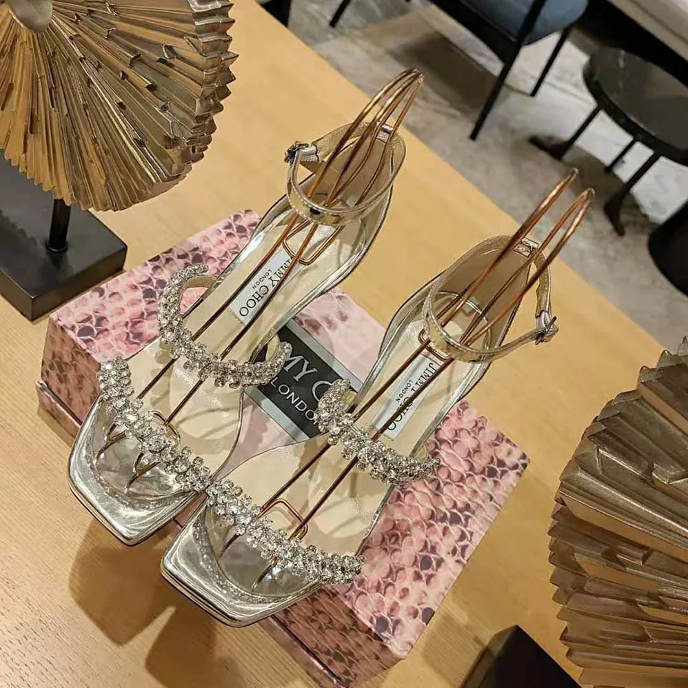 Jimmy Choo Bing Sandal 105 Silver Liquid Metal Sandals with Crystal Straps for Women Jimmy Choo Bing Sandal 105 Silver Liquid Metal Sandals with Crystal Straps for Women