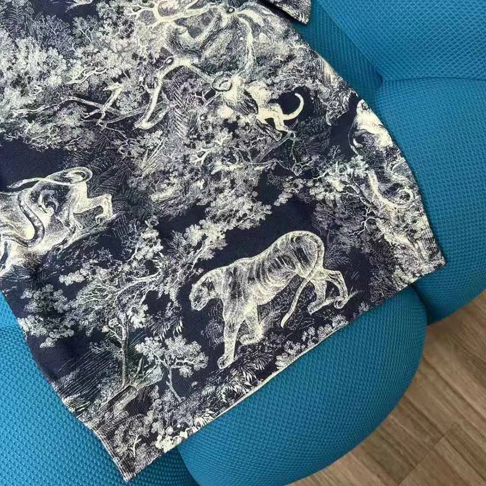 Dior T-shirt Navy Blue Toile de Jouy Cotton and Linen Jersey for Women