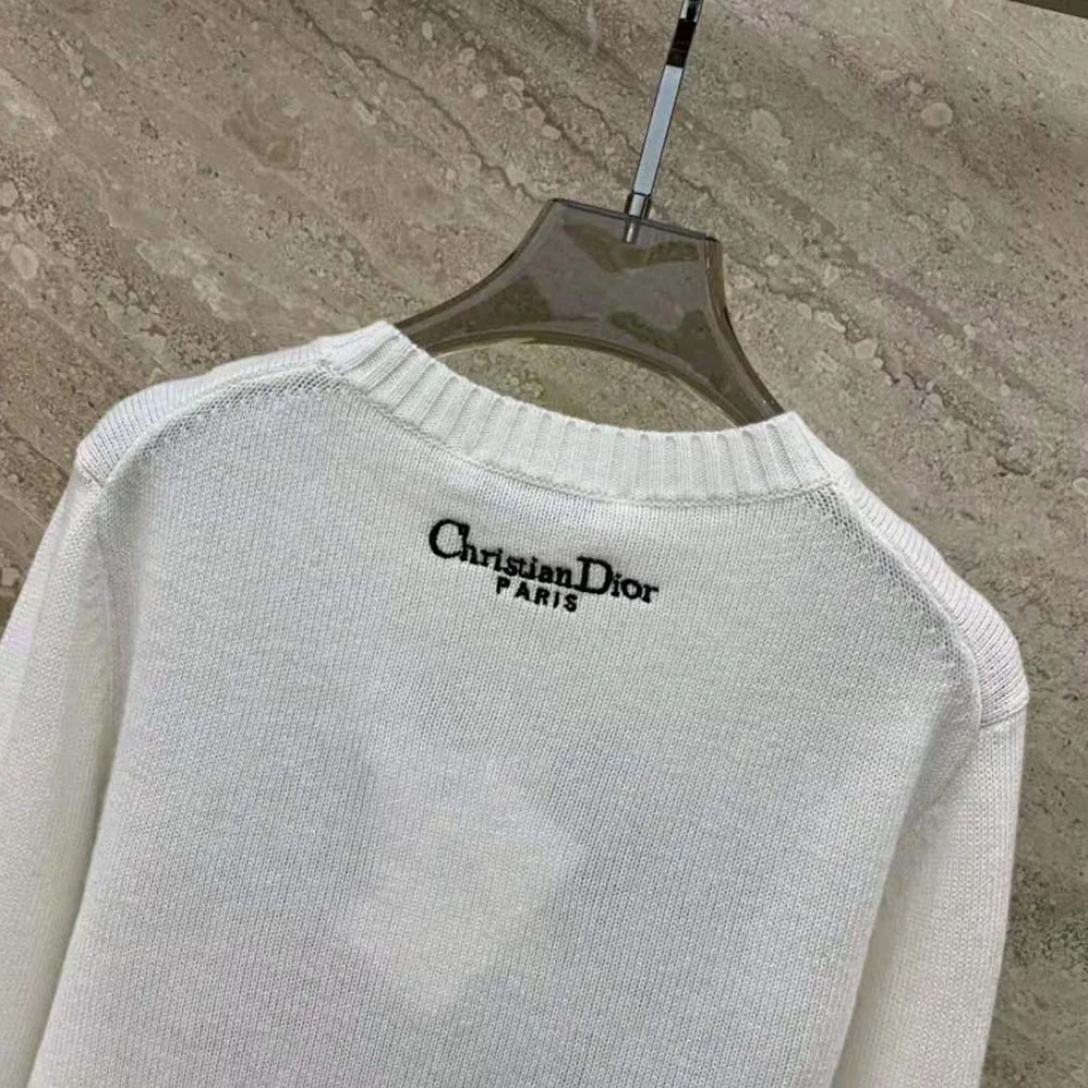 Dior Embroidered Sweater White Cashmere Knit with Multicolor Tarot La Roue de la Fortune Motif for Women