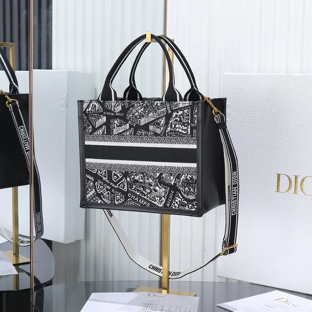 Dior Small Dior Book Tote Black and White Plan de Paris Embroidery with Black Calfskin for Women