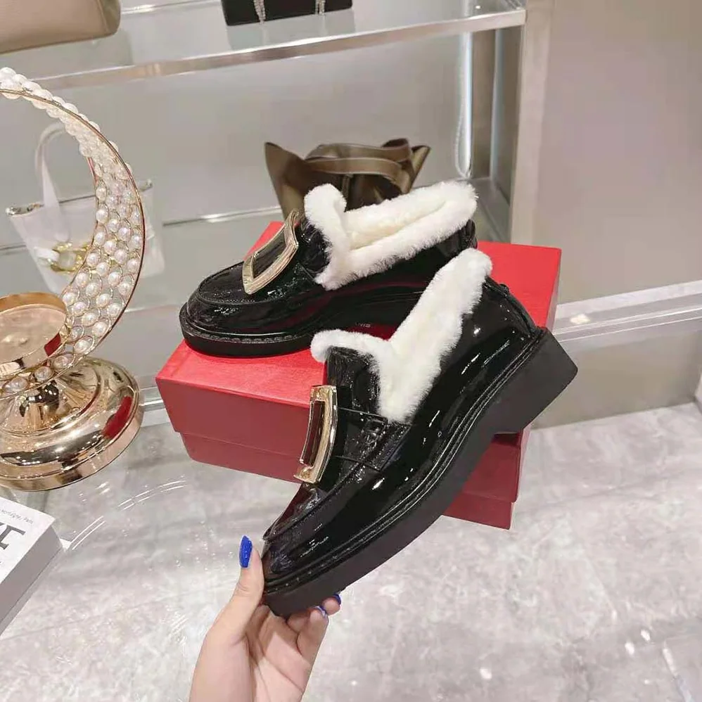 Roger Vivier Viv' Rangers Metal Buckle Fur Loafers in Patent Leather for Women Roger Vivier Viv' Rangers Metal Buckle Fur Loafers in Patent Leather for Women