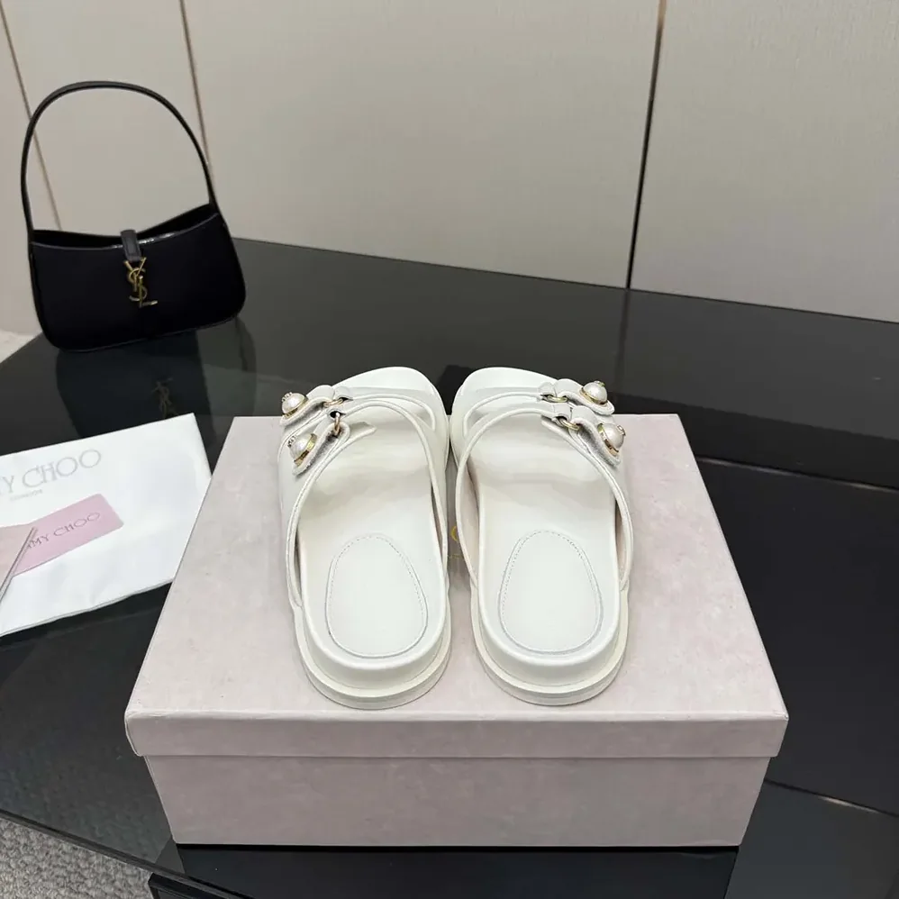 Jimmy Choo Fayence Sandal Latte Leather Flat Sandals with Pearl Embellishment for Women