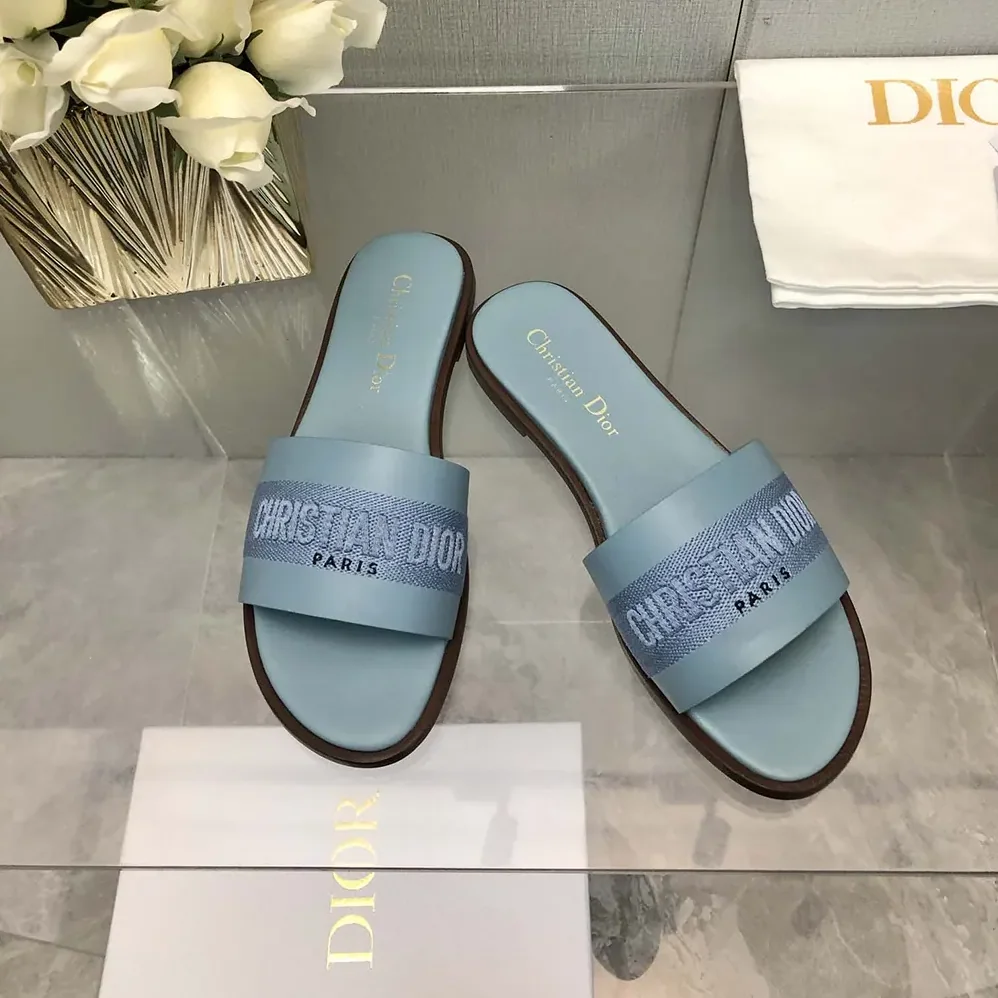Dior Dway Slide Pastel Blue Calfskin and Embroidered Cotton for Women