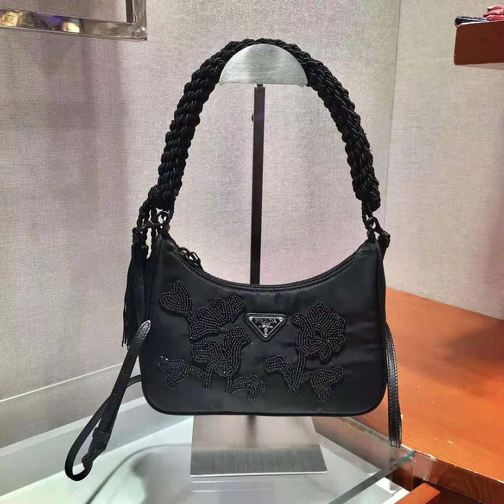 Prada Nylon Bag with Embroidery for Women in Black