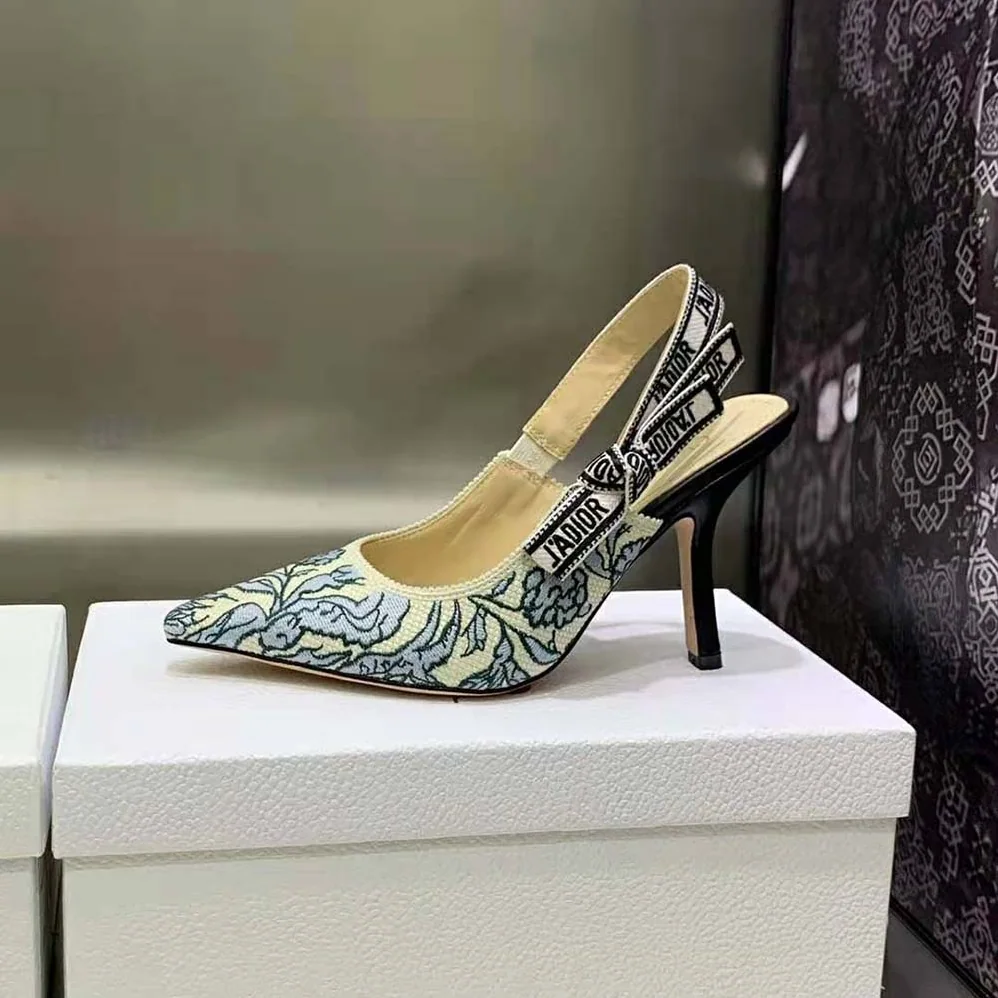 Dior J'Adior Slingback Pump Duck Blue Dior Brocart Embroidered Cotton with Gold for Women in Tone Metallic Thread