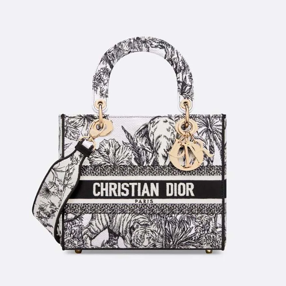 Dior Medium Lady D-lite Bag White and Black Toile de Jouy Voyage Embroidery for Women Dior Medium Lady D-lite Bag White and Black Toile de Jouy Voyage Embroidery for Women