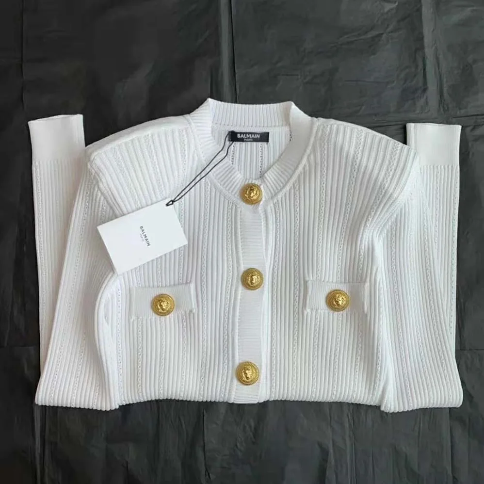 Balmain Knit Cardigan with Gold Buttons for Women in White