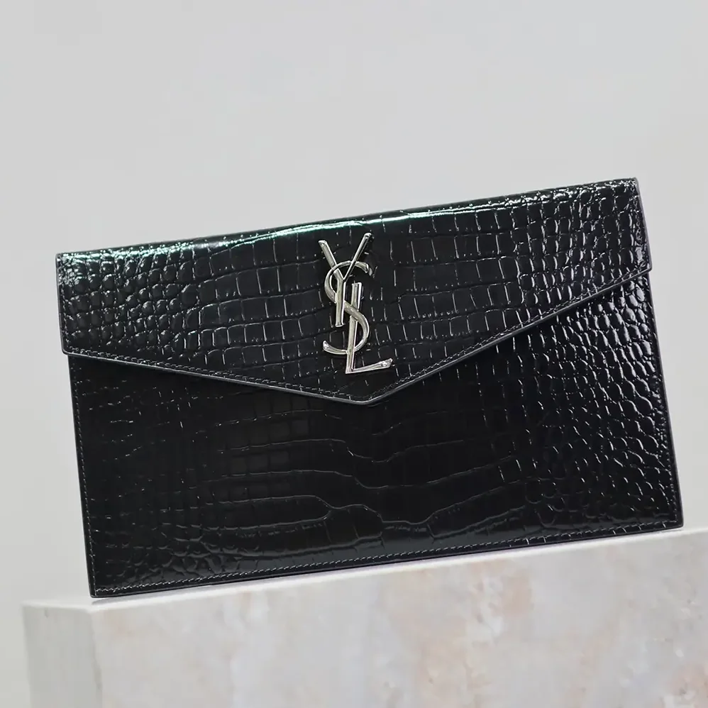 Saint Laurent YSL Uptown Pouch in Crocodile for Women in embossed Shiny Leather