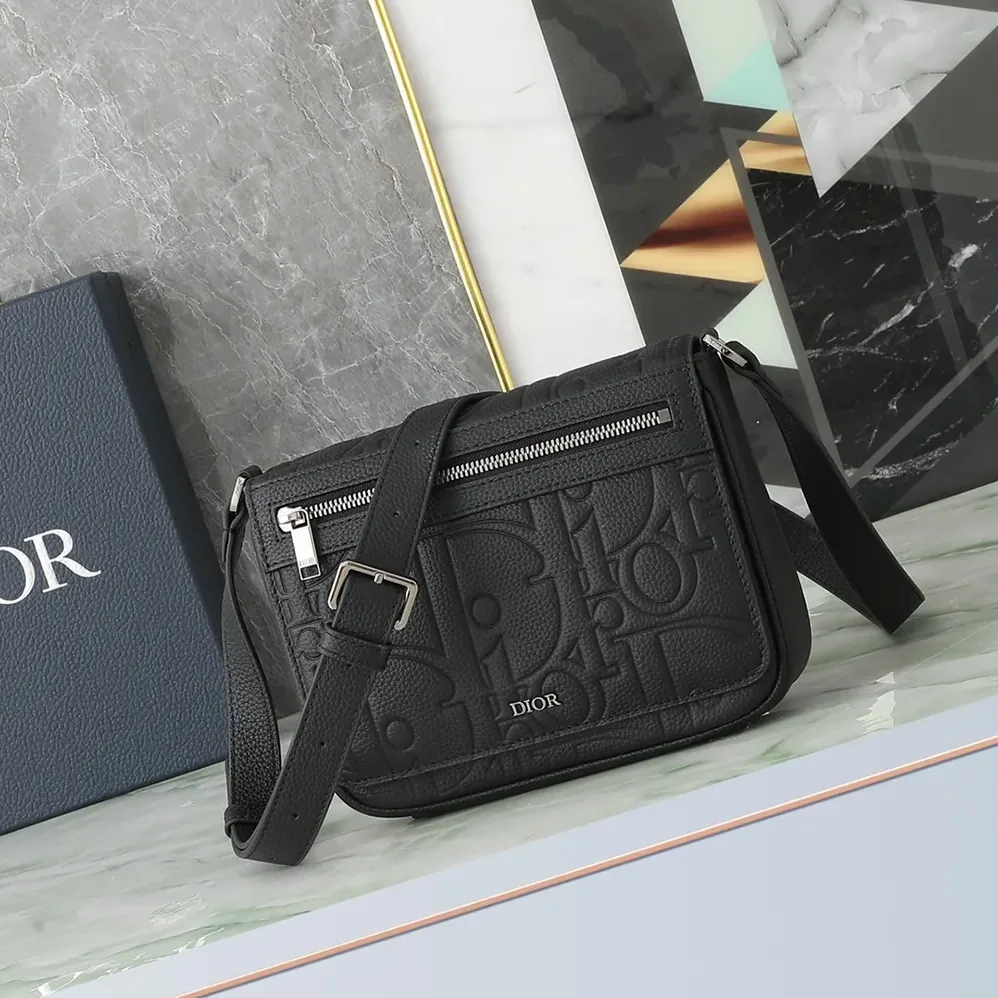 Dior Messenger Bag with Flap Black Dior Gravity Leather and Black Grained Calfskin for Men