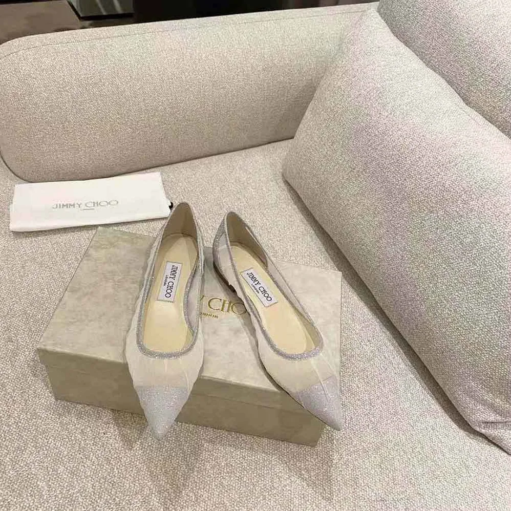 Jimmy Choo Love Flat Metallic Silver Glitter Fabric Flats with Ivory Tulle Overlay for Women Jimmy Choo Love Flat Metallic Silver Glitter Fabric Flats with Ivory Tulle Overlay for Women