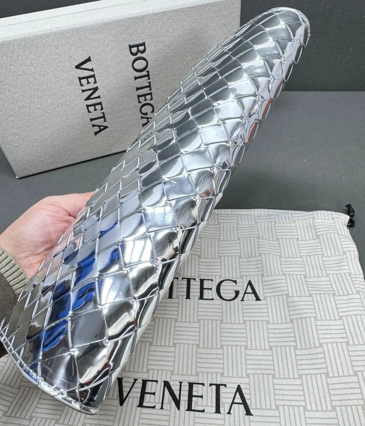 Bottega Veneta Andiamo Clutch in Silver Metallic Silver Hardware Bottega Veneta Andiamo Clutch in Silver Metallic Silver Hardware