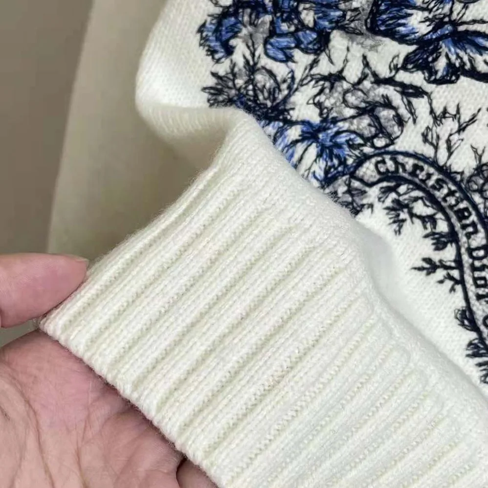 Dior Embroidered Sweater Ecru Cashmere Knit with Pastel Midnight Blue Butterfly Around The World Motif for Women