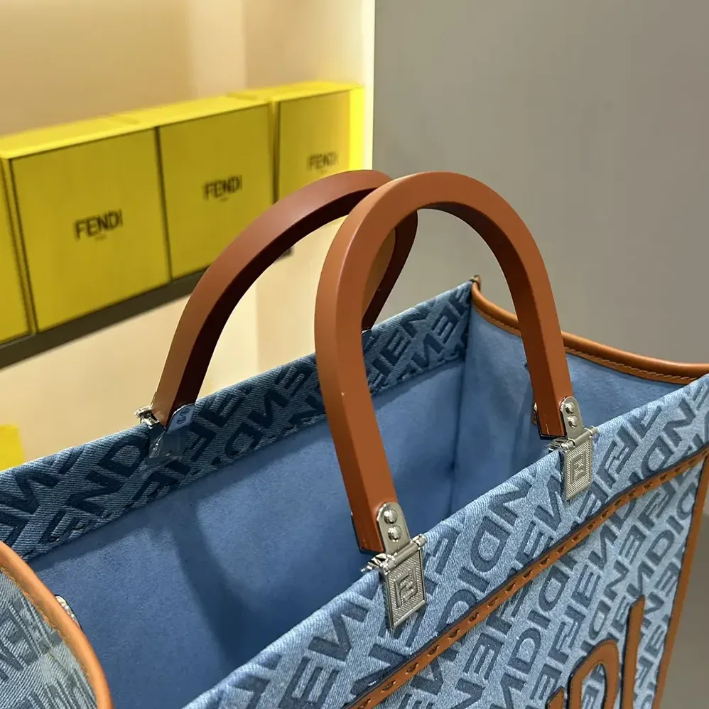 Fendi Sunshine Medium Light Blue Denim Shopper Bag for Women