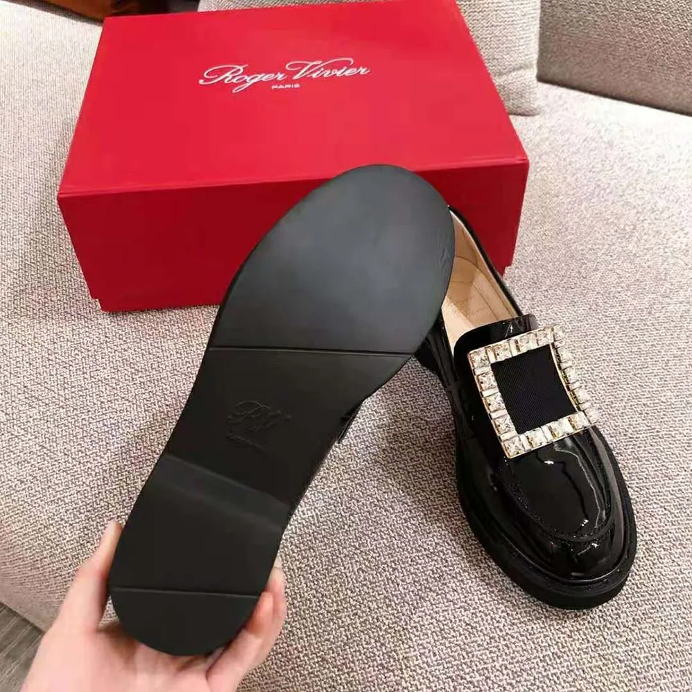 Roger Vivier Viv' Rangers Strass Buckle Loafers for Women in Black Roger Vivier Viv' Rangers Strass Buckle Loafers for Women in Black