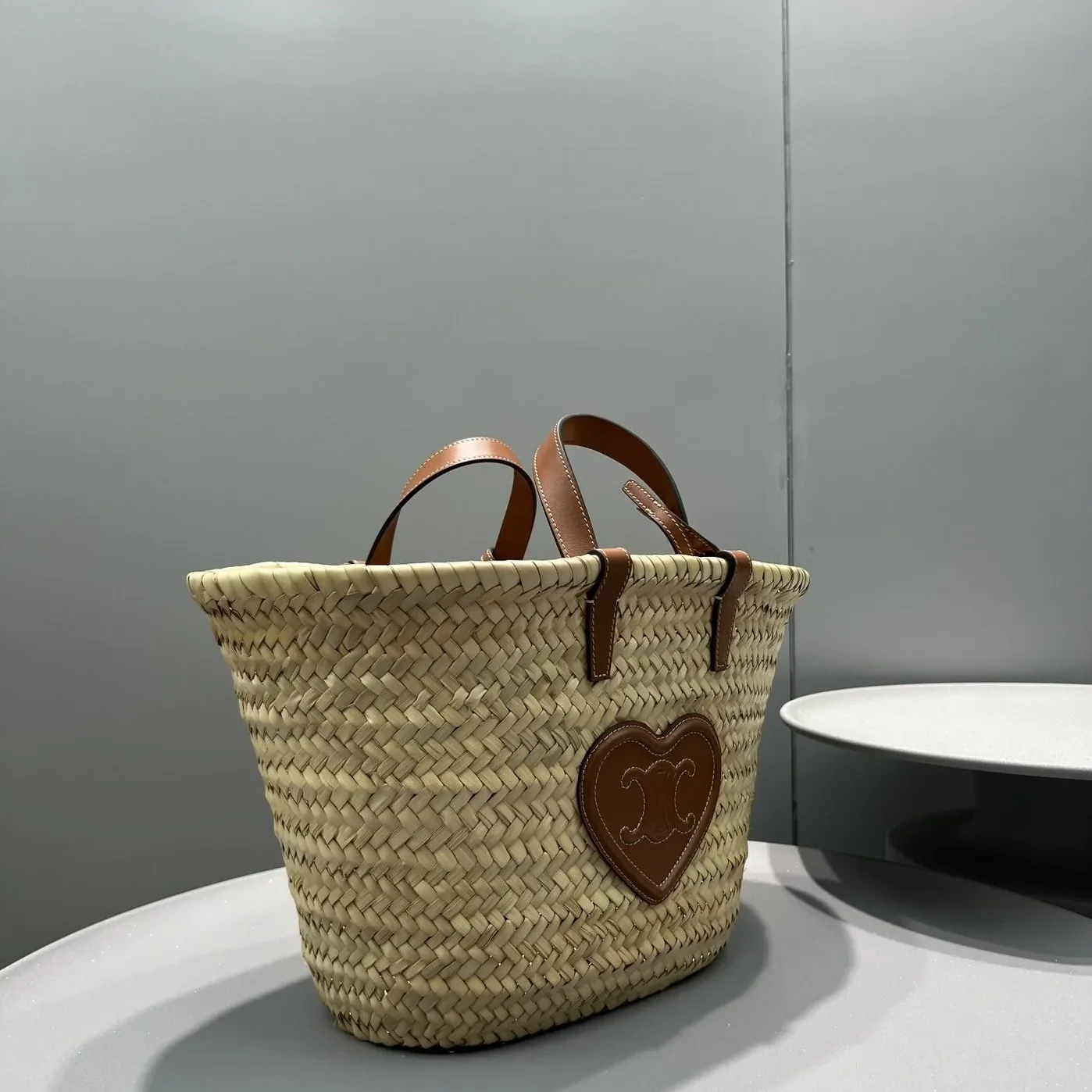 Celine Teen Triomphe Celine Classic Panier In Palm Leaves With Heart Patch Brown / .04LU