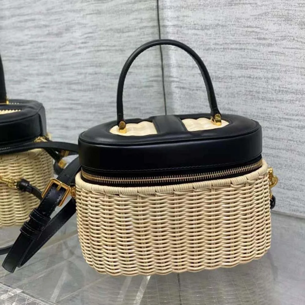Dior Medium CD Signature Vanity Case Natural Wicker and Black Calfskin for Women