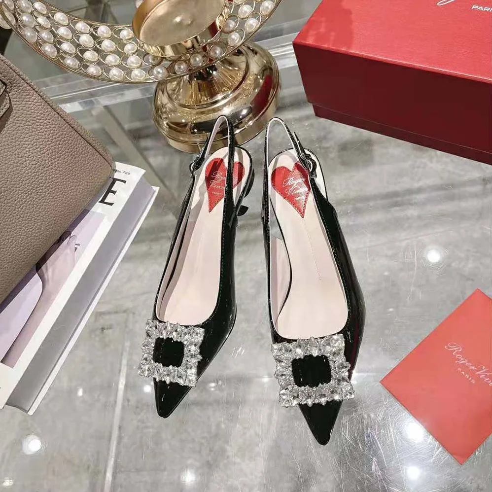 Roger Vivier Virgule Strass Buckle Slingback Pumps in Patent Leather for Women in Black Roger Vivier Virgule Strass Buckle Slingback Pumps in Patent Leather for Women in Black