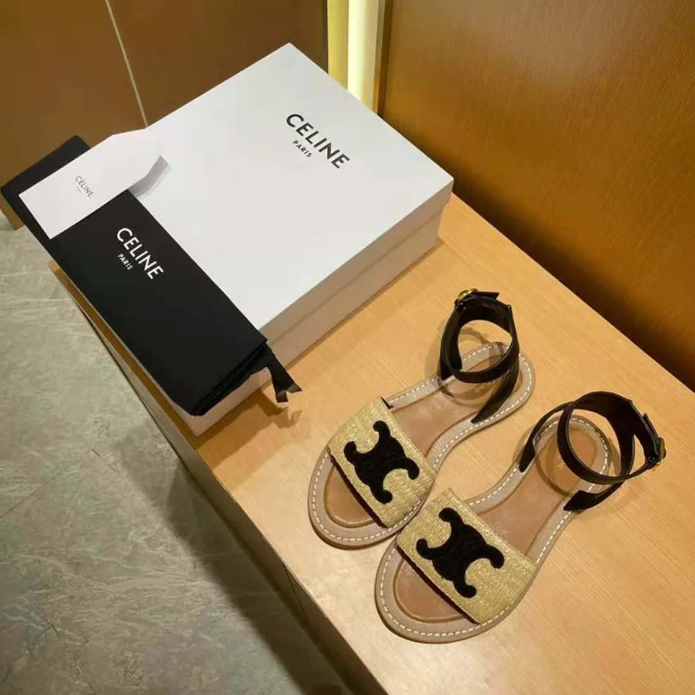 Celine Lympia Flat Strap Sandal in Raffia & Calfskin for Women in Black
