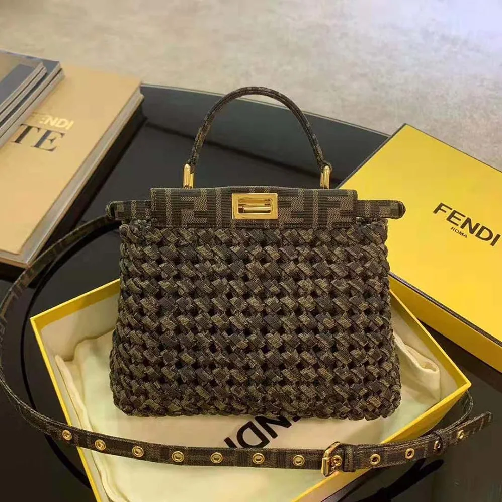 Fendi Peekaboo Iconic Mini Jacquard Fabric Interlace Bag for Women