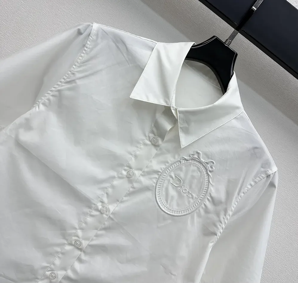 Dior Médaillon Embroidered Short-Sleeved Blouse White Cotton Poplin for Women