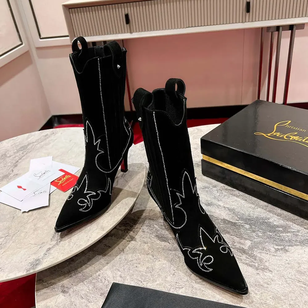 Christian Louboutin Santigag Strass 85 mm Low Boots Veau Velours and Strass for Women in Black Christian Louboutin Santigag Strass 85 mm Low Boots Veau Velours and Strass for Women in Black