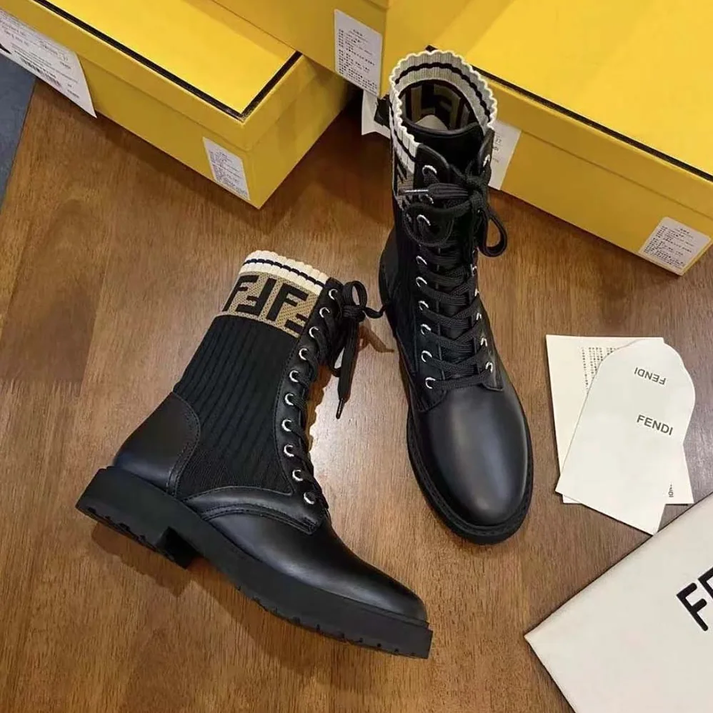 Fendi Rockoko Black Leather Biker Boots with Stretch Fabric for Women Fendi Rockoko Black Leather Biker Boots with Stretch Fabric for Women