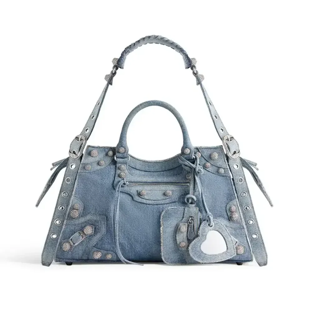 Balenciaga Neo Cagole City Handbag Denim with Rhinestones in Blue for Women Balenciaga Neo Cagole City Handbag Denim with Rhinestones in Blue for Women