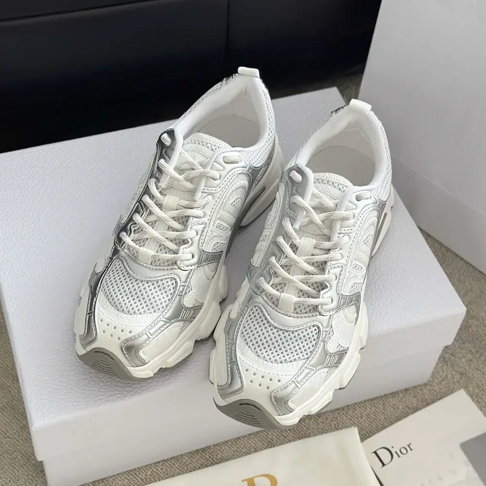 Dior Chrono Sneaker White Mesh with Silver-Tone and White Laminated Leather for Unisex in Effect Inserts