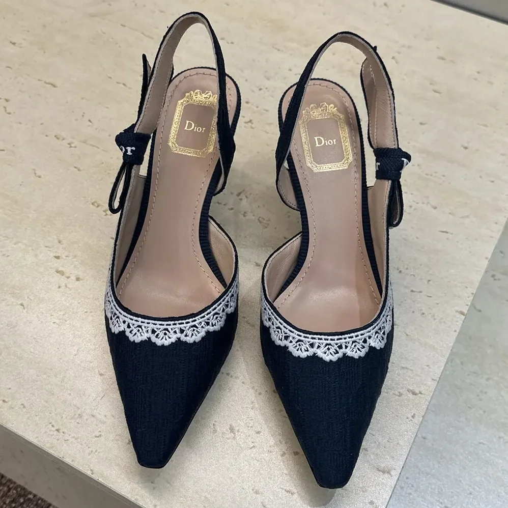 Dior J'Adior Slingback Pump Blue Dior Oblique Embroidered Cotton and White Lace for Women Dior J'Adior Slingback Pump Blue Dior Oblique Embroidered Cotton and White Lace for Women