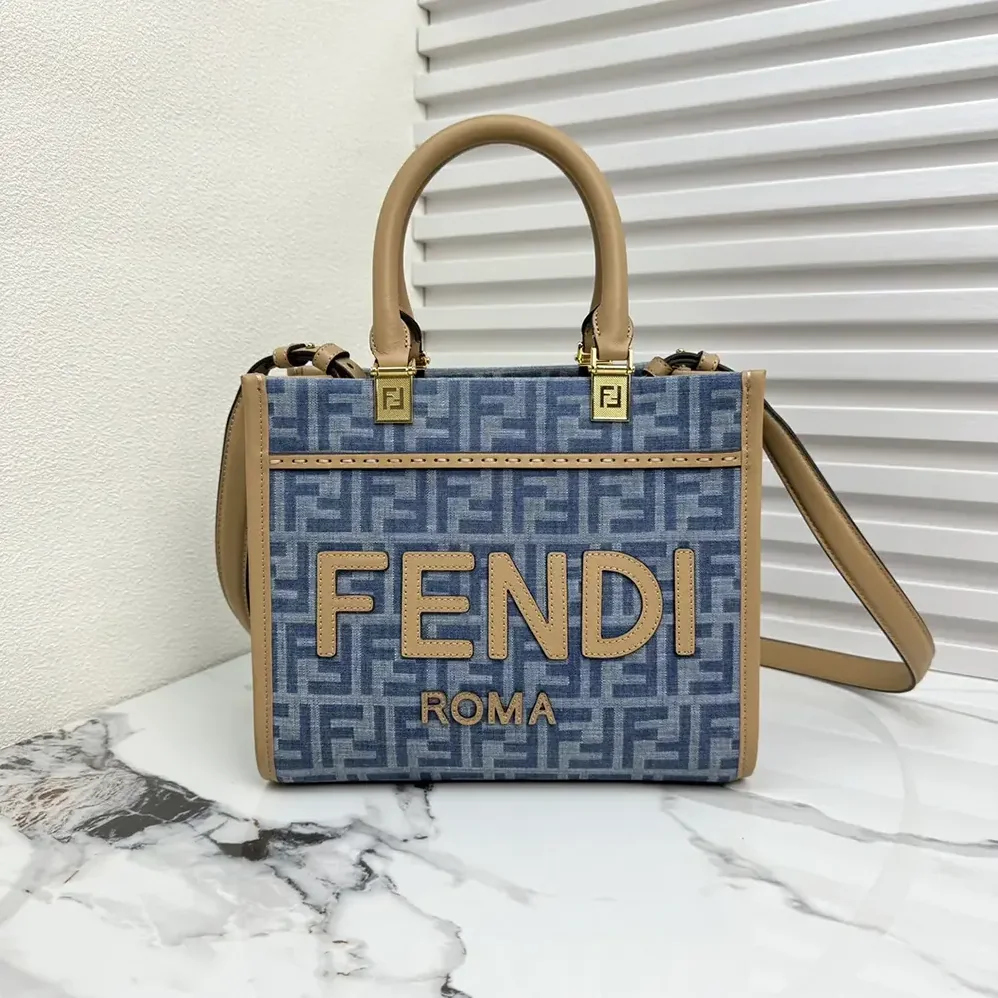 Fendi Sunshine Small Light Blue FF Denim Fabric Shopper for Women Fendi Sunshine Small Light Blue FF Denim Fabric Shopper for Women