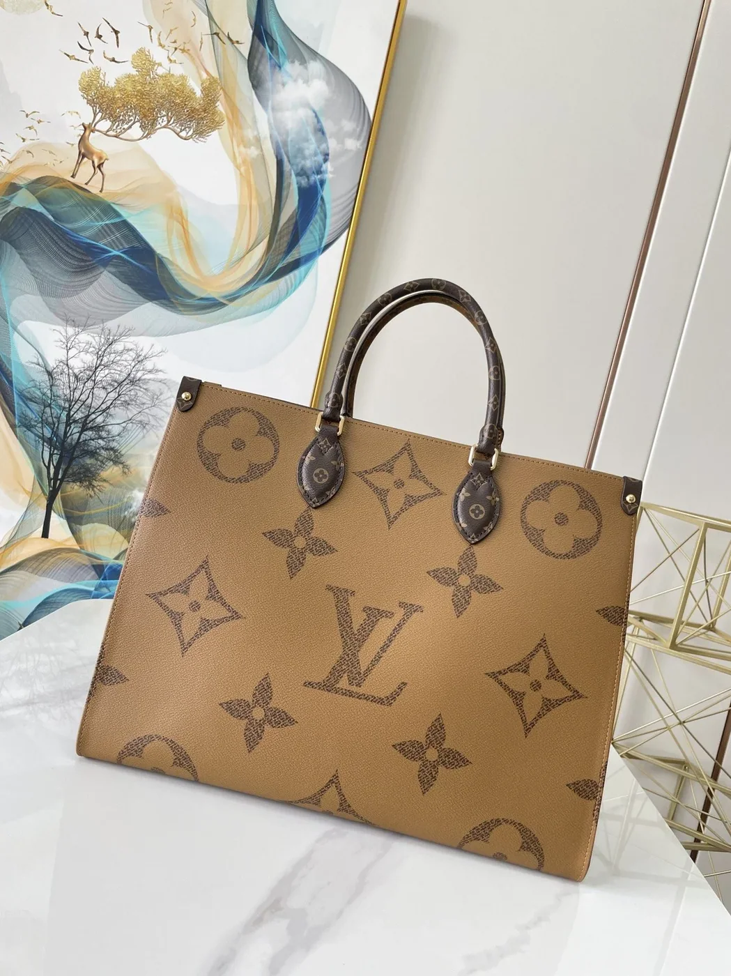 Louis Vuitton OnTheGo GM Tote Bag / Monogram Reverse Canvas Gold Hardware