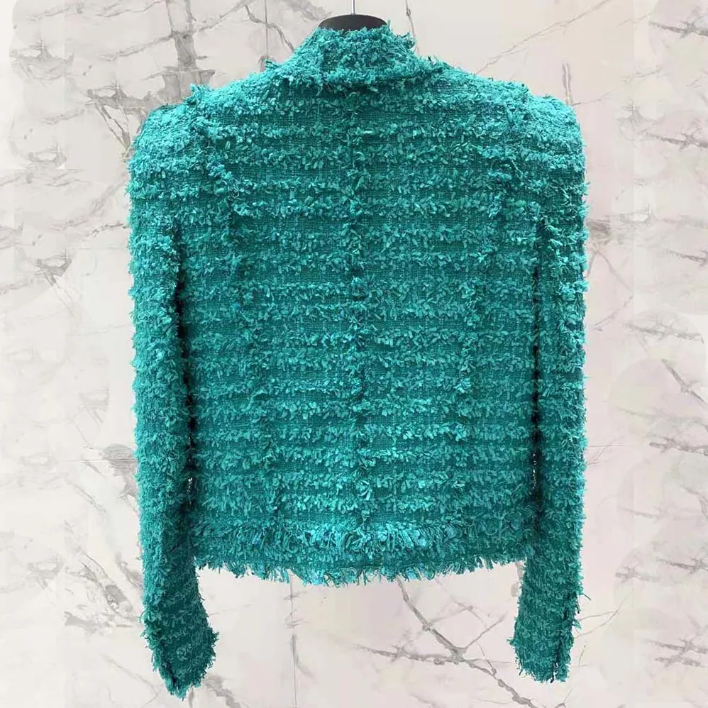 Balmain Fringed Tweed Jacket for Women in Green
