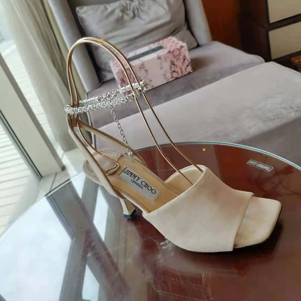 Jimmy Choo Sae 90 Ballet Pink Suede Sandals with Crystal Chain Embellishment for Women Jimmy Choo Sae 90 Ballet Pink Suede Sandals with Crystal Chain Embellishment for Women