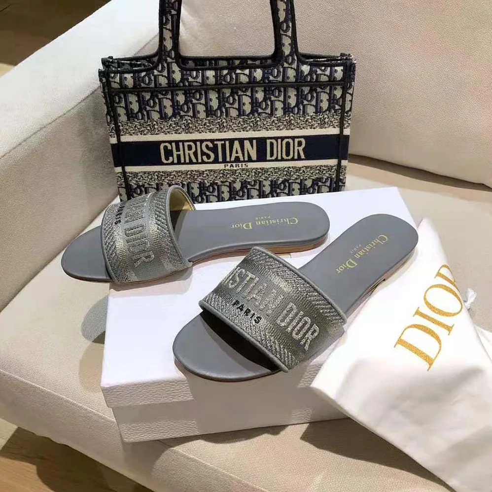 Dior Dway Slide Silver for Women in Tone Embroidered Metallic Fabric Dior Dway Slide Silver for Women in Tone Embroidered Metallic Fabric