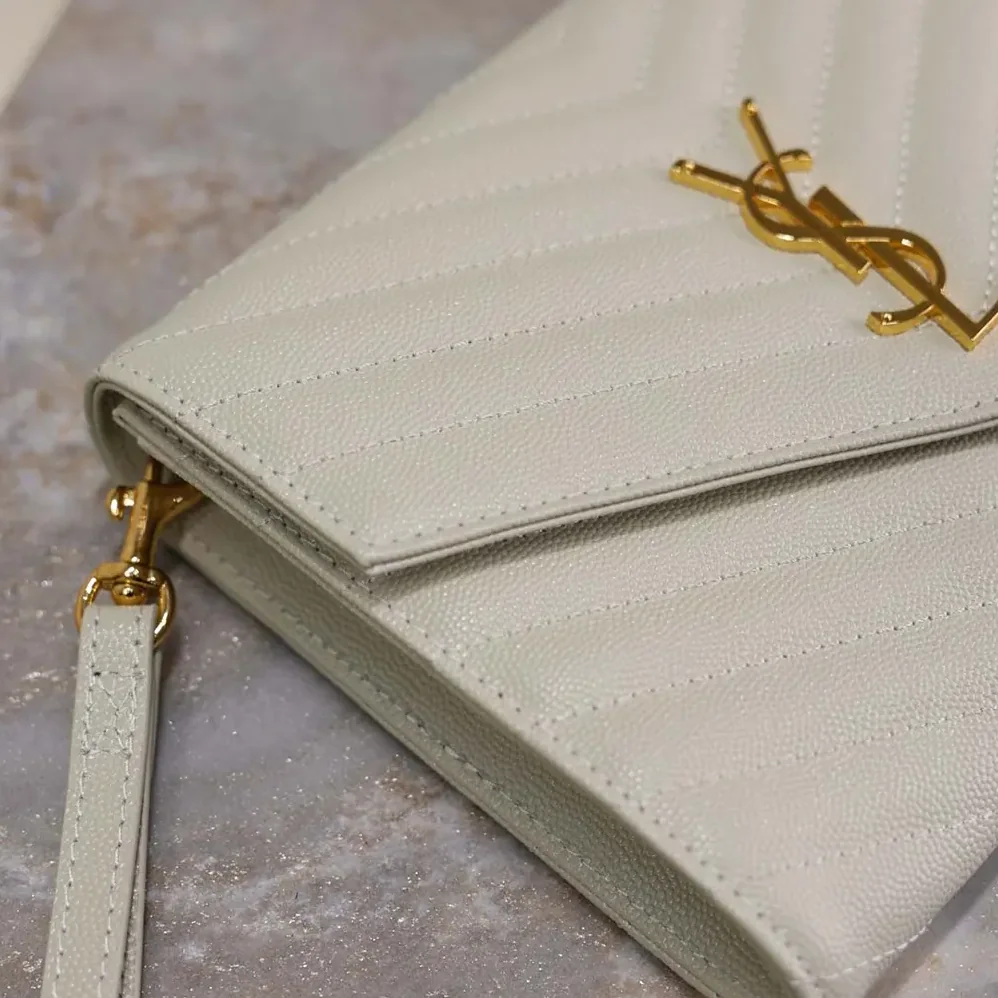 Saint Laurent YSL Cassandre Matelassé Flap Pouch In Grain De Poudre Leather White for Women